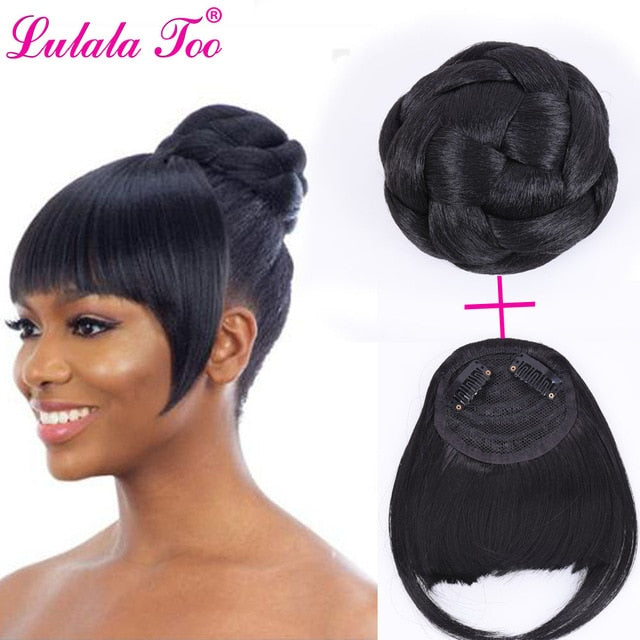 Synthetic Hair Bun And Bang Set Heat Resistant  Chignons Ponytail  Clip in Hair Extension