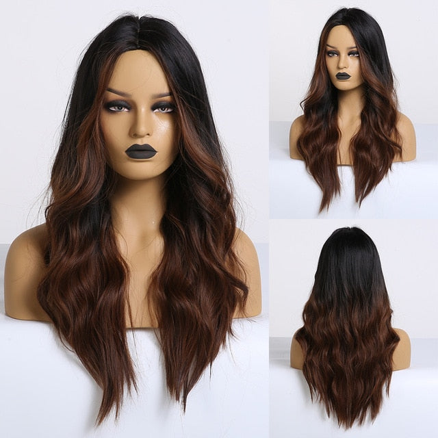 Long Ombre Brown Wavy Wigs Hightlight Natural Middle  Part Synthetic Wig