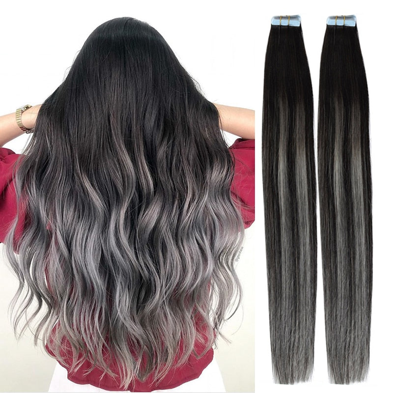 Silver Tape In Extensions Silver Balayage Ombre 100% Human Hair Double Sided Adhesive Non-Remy 20 Inch 20pc/set