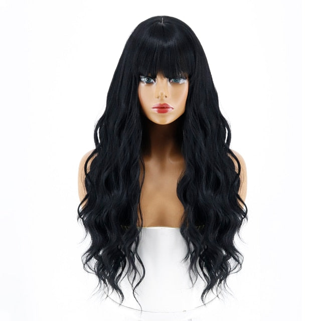Synthetic Long Wig Blue Wave Wig With Bangs Synthetic Heat-Resistant Fiber