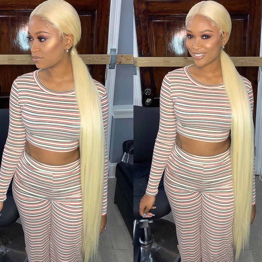 30 to 40 inches Long Full Lace Human Hair Wigs Brazilian Straight Lace Frontal Wigs 613 Blonde Hair Wigs Pre Plucked