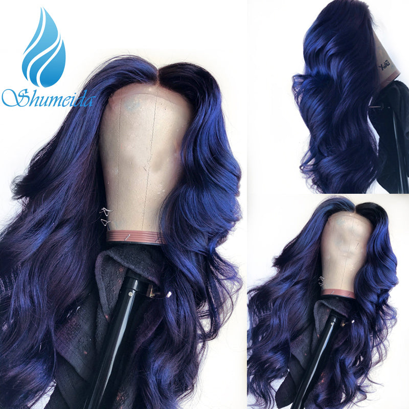  Brazilian Blue/Black Wig Highlight Blue Human Hair Wig Straight 13x4 Glueless Lace  main image 2