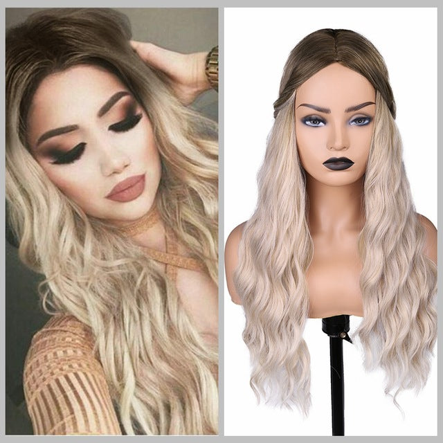Mixed Black Ash Light Brown Blonde Synthetic Wig Body Wave Middle Part - MRD Couture International 