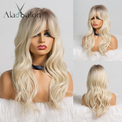 Long Ombre Wigs With Bangs Synthetic Wavy Wigs - MRD Couture International 