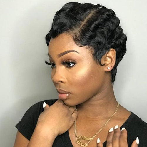 Brazilian Remy Short Lace Human Hair Wigs Finger Wave - MRD Couture International 