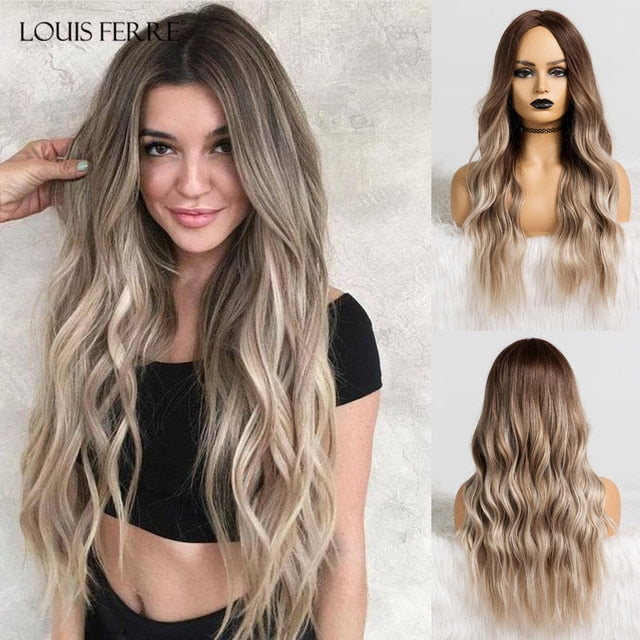 Long Ombre Synthetic Wigs Middle Part Water Wave Wig