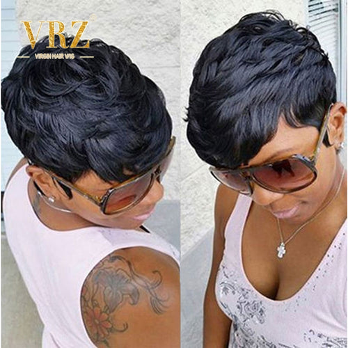 Short Human Hair Wigs Pixie Cut Wavy Short Full Wig With Bangs