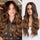 Long Ombre Brown Wavy Wigs Hightlight Natural Middle  Part Synthetic Wig