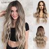 Long Ombre Brown Wavy Wigs Hightlight Natural Middle  Part Synthetic Wig