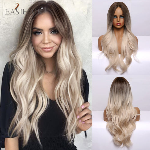 Ombre Brown Light Blonde Platinum Long Wavy Middle Part Hair Synthetic Wig
