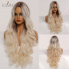 Ombre Brown Light Blonde Platinum Long Wavy Middle Part Hair Synthetic Wig
