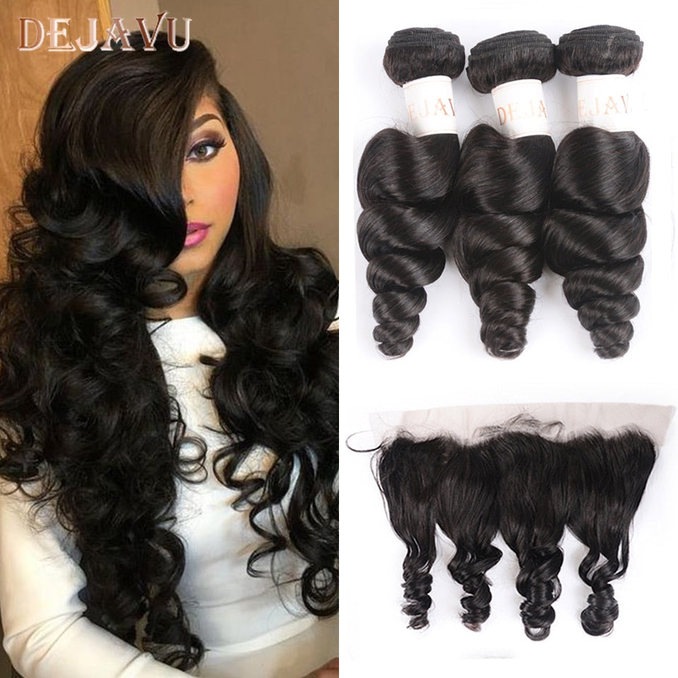 Brazilian Hair Weave Bundles With Frontal Closure 13*4 Inch Human Hair 3 Bundle Deals Loose Wave Non-Remy