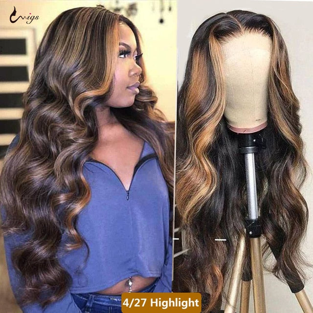 4/27 Highlight Wig Brazilian Body Wave Wig Lace Front  180 Density Remy Wigs