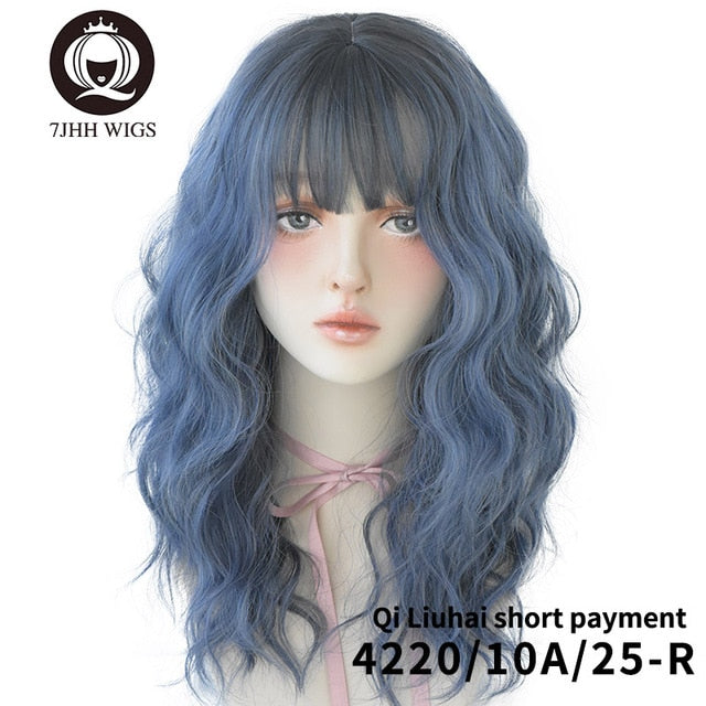 Blue Deep Wave Wig With Bangs Synthetic Wig