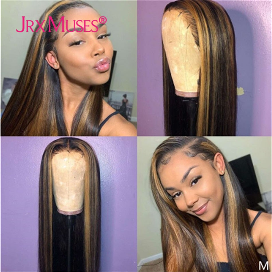 13x6 Straight Honey Blonde Ombre Color Highlight Lace Front Human Hair Wigs Remy Brazilian Pre Plucked Wig