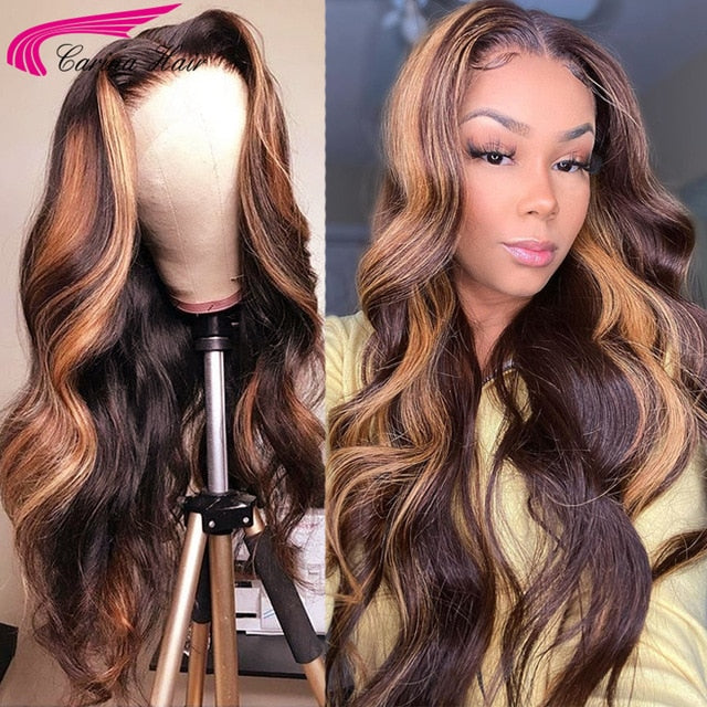 Lace Front Human Body Wave/Straight Wig Blonde Ombre Highlight Lace Frontal Wig 180% Density Remy Hair