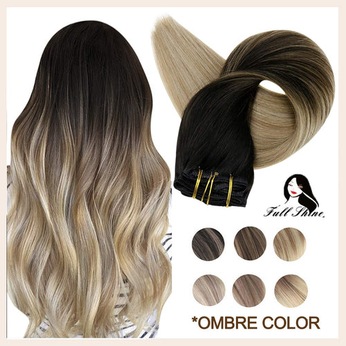 Clip on Human Hair Extensions Balayage Ombre Blonde Black 7pcs 100g Double Weft 100% Remy
