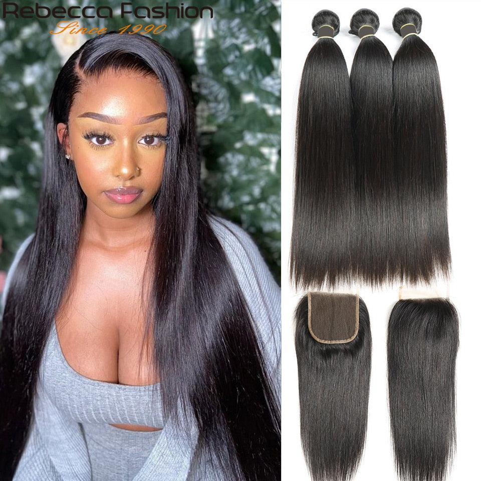 Human Hair 3 Bundles With Closure Remy Peruvian Straight Hair Extensions