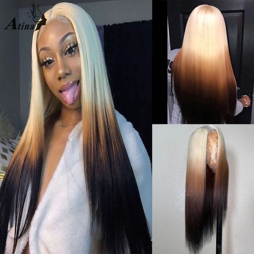 Ombre Colored Blonde Straight Human Hair Pre Plucked HD Transparent Gueless Lace Front Wigs 180