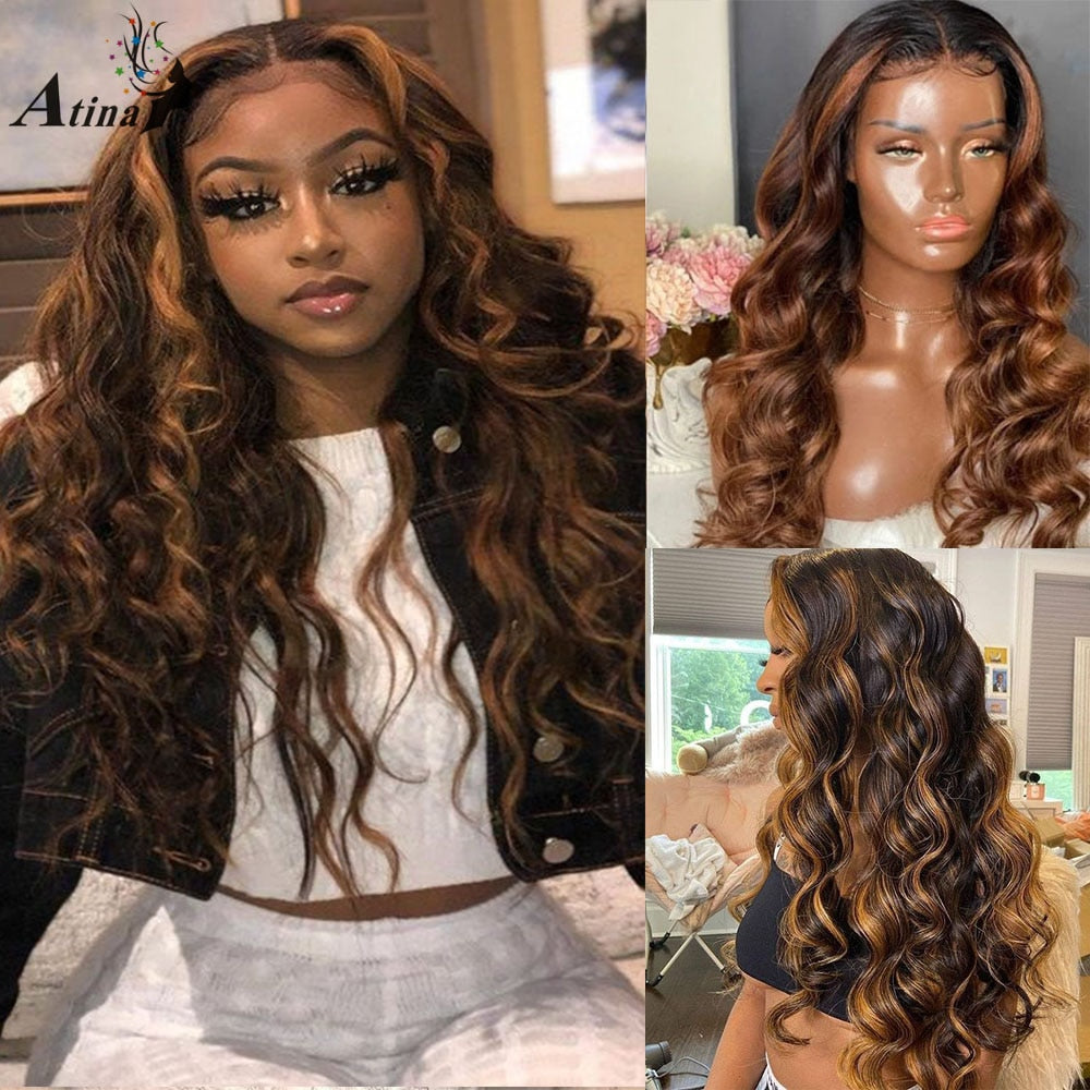 Wavy Ombre Highlight Colored Human Hair Wig Glueless HD Transparent Lace Wig With Baby Hair 250 Density