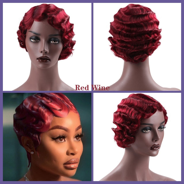 Short Finger Wave Synthetic Wig Afro Kinky Curly  Heat Resistant Wig
