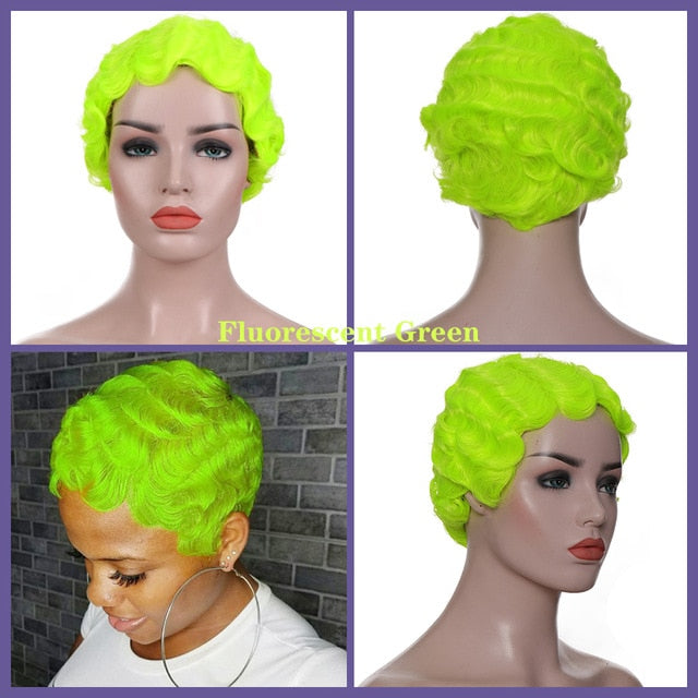 Short Finger Wave Synthetic Wig Afro Kinky Curly  Heat Resistant Wig