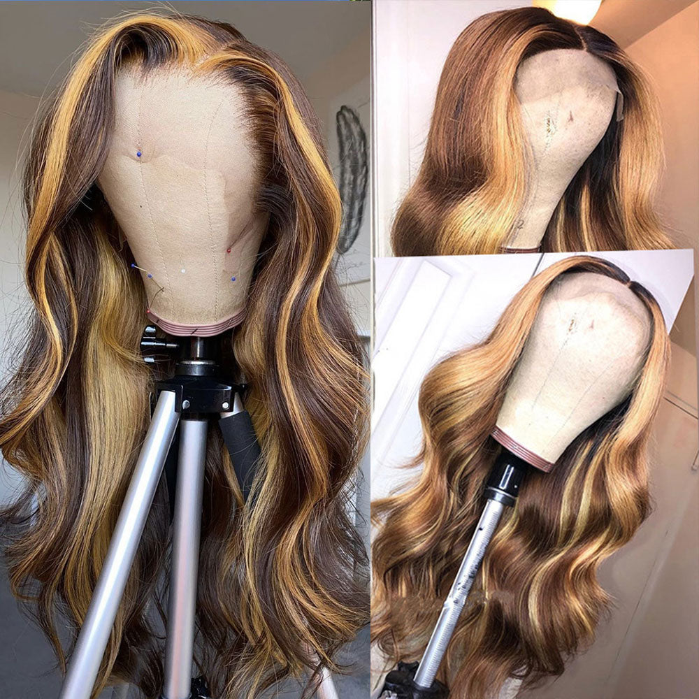30 Inch Highlight Human Hair Wigs Body Wave Lace T Part Wig Peruvian Hair