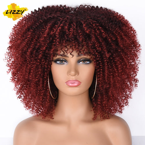 Short Afro Kinky Curly Wigs With Bangs Synthetic Wig