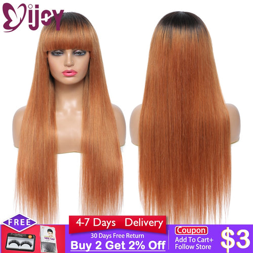 Ombre Brown Brazilian Remy Straight Human Hair Wigs With Bangs Wig