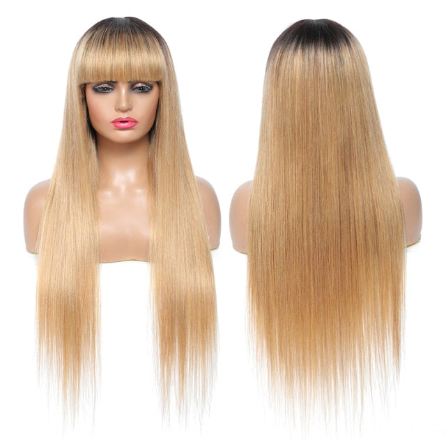 Ombre Brown Brazilian Remy Straight Human Hair Wigs With Bangs Wig