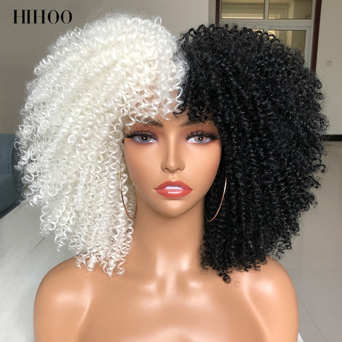 Short Hair Afro Kinky Curly Wigs With Bangs Synthetic Natural Blonde Wig