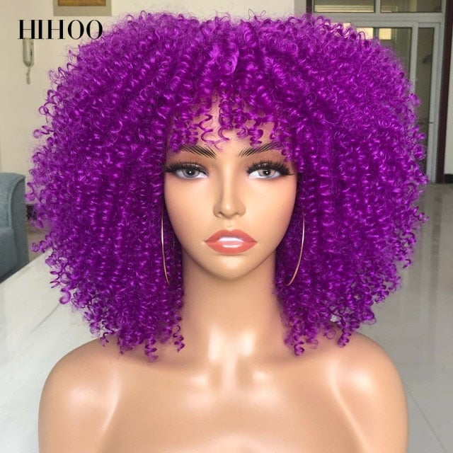 Short Hair Afro Kinky Curly Wigs With Bangs Synthetic Natural Blonde Wig