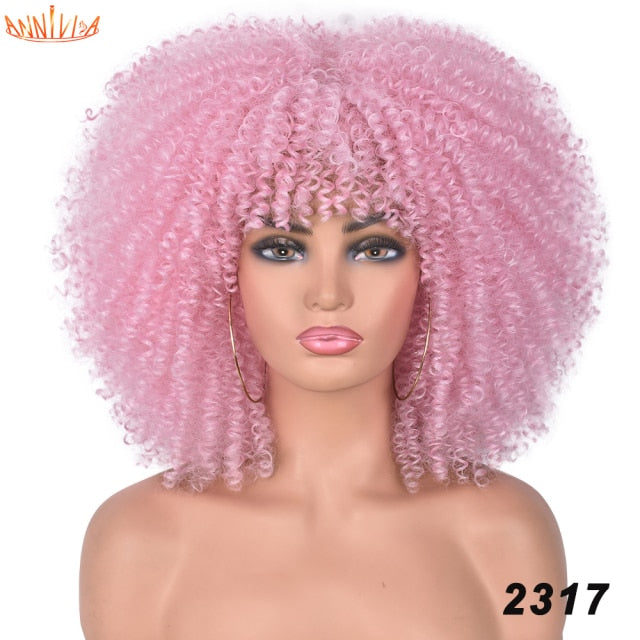 Short Hair Afro Kinky Curly Wigs With Bangs Synthetic Ombre Glueless Wig