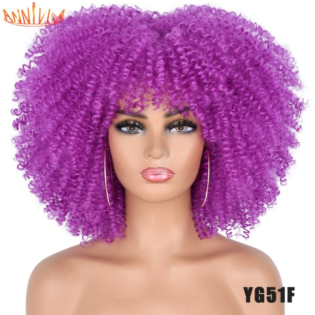 Short Hair Afro Kinky Curly Wigs With Bangs Synthetic Ombre Glueless Wig