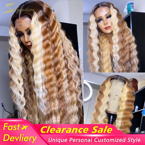 Ombre Blonde Highlight Colored Human Hair Wig Deep Wave 613 Lace Frontal Wig Pre Plucked