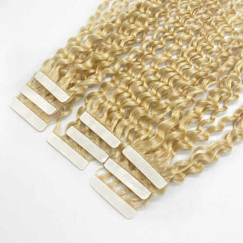 14 Inch Platinum Blonde Tape in Hair Extensions Kinky Curly Hair Remy Human Hair