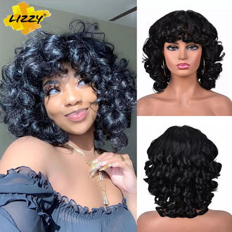 Short Hair Afro Curly Wig With Bangs Synthetic Shoulder Length Natural Wig